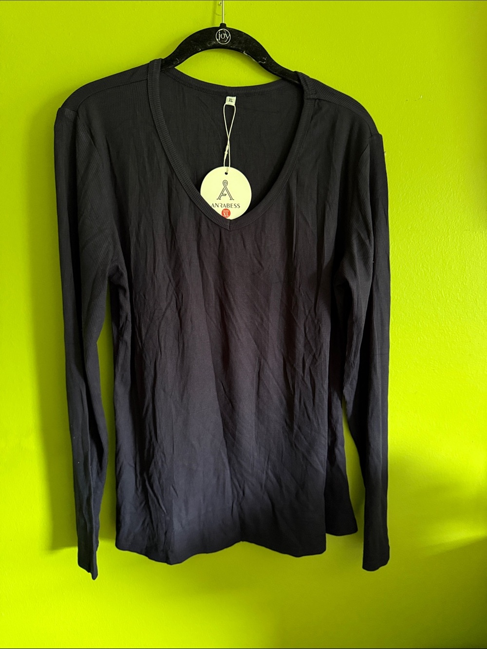 NWT Anrabess Dark Blue Stretch Long Sleeve V Neck Ribbed Top Shirt Size XL